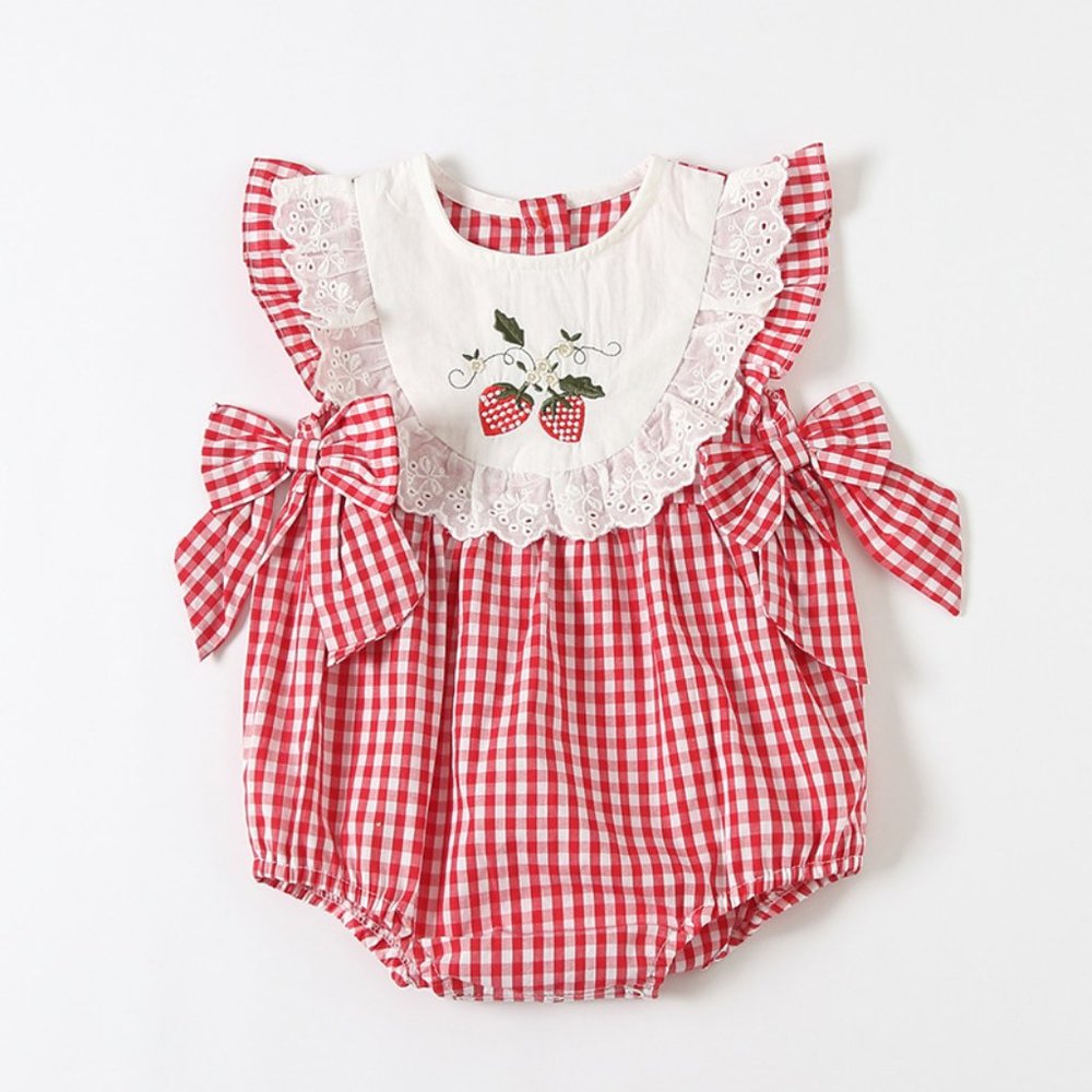 Red Gingham Strawberry Bib-Front Baby One-Piece